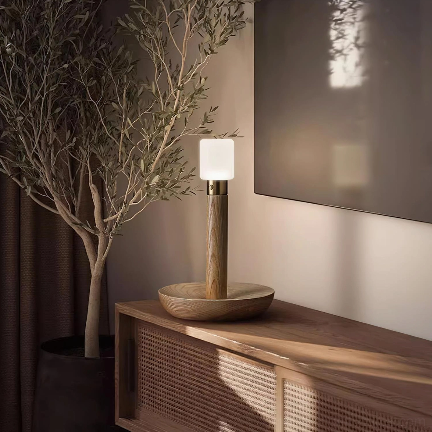 Wooden table lamp with brass hardware accents mid-century modern design aesthetic close-up detail