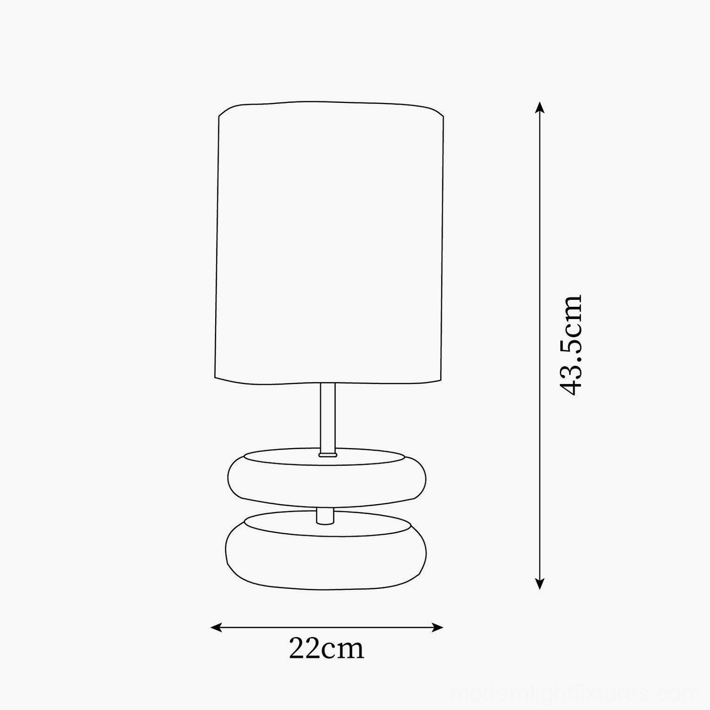 Technical line drawing showing dimensions of wooden table lamp 43.5cm height 22cm base