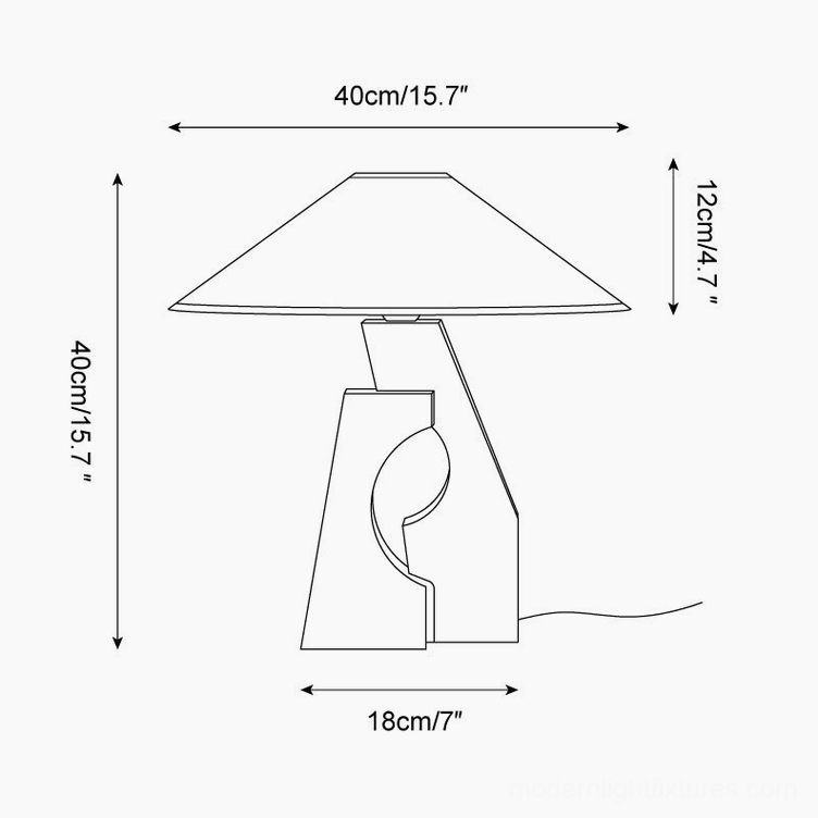 Technical dimension drawing of sculptural wood table lamp specifications and orthographic outline