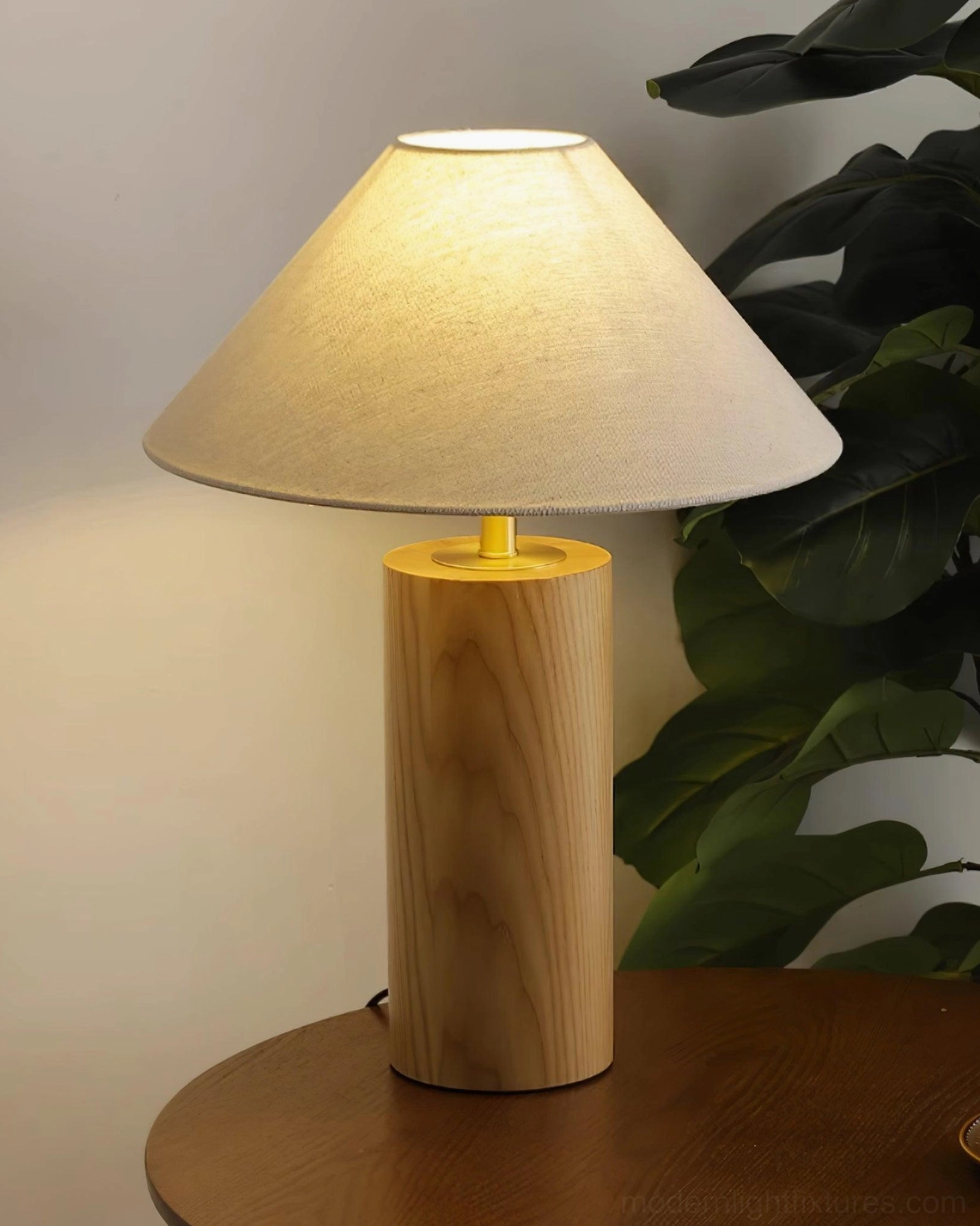 Natural wood base table lamp showing wood grain detail and construction quality