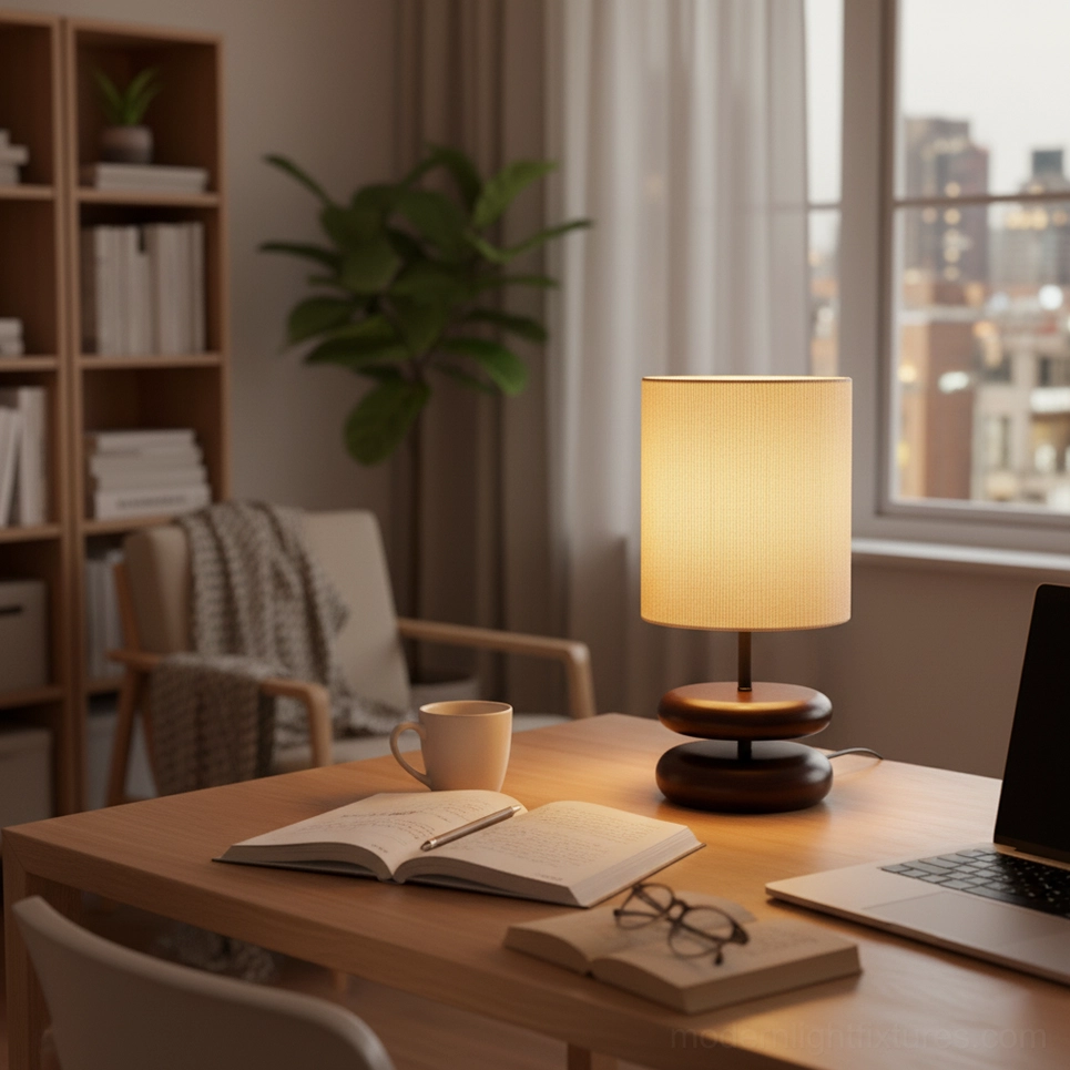 Wooden table lamp with stacked base design in home office workspace on desk