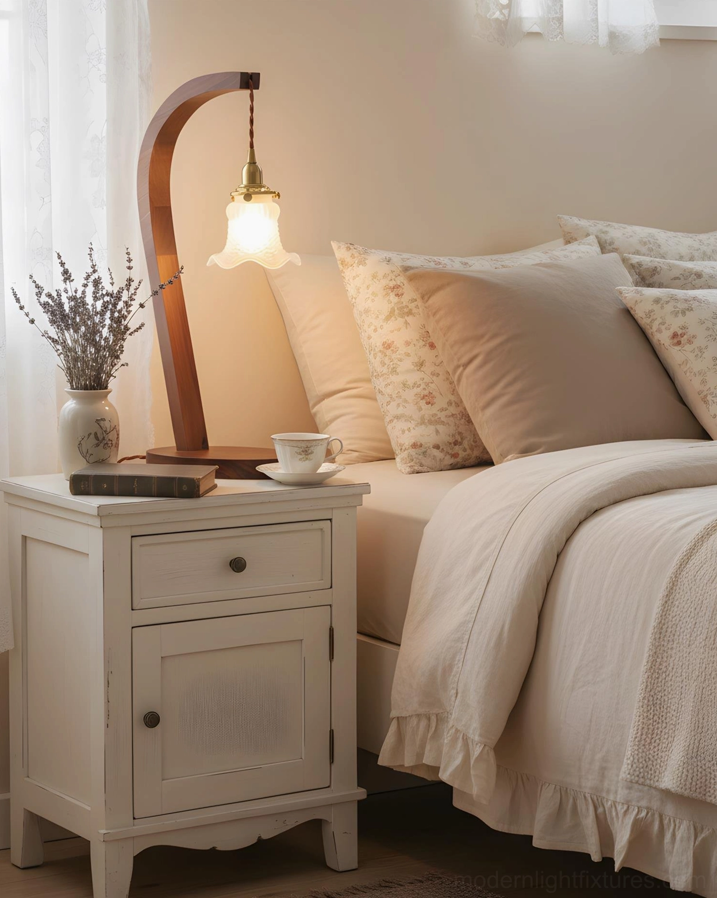 Walnut wood table lamp on master bedroom nightstand with lavender décor accents