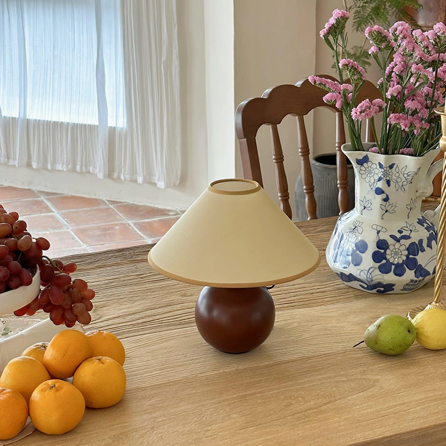 Wooden base table lamp on bedroom nightstand with vintage decor, warm lighting for bedroom spaces