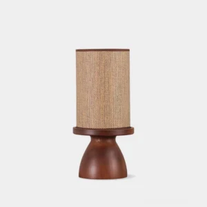 Minimalist wooden table lamp with natural rattan shade and walnut wood base, front view