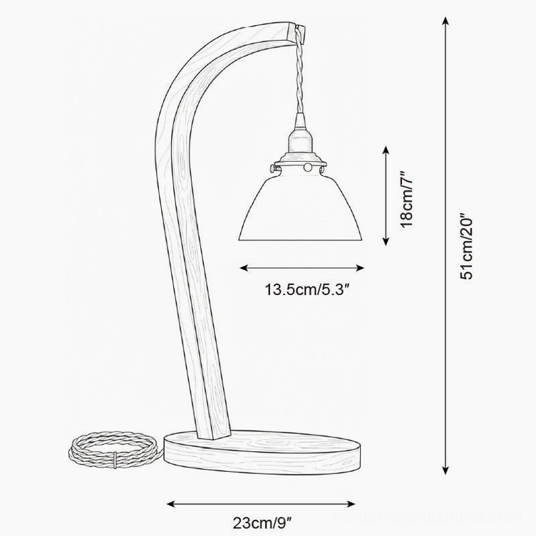 Table lamp technical blueprint orthographic drawing, dome glass shade model specifications