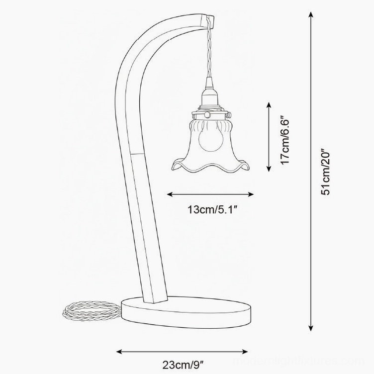 Table lamp technical blueprint orthographic drawing, ruffled glass shade model specifications