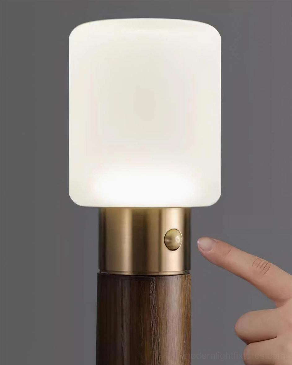 Wooden table lamp with integrated USB Type-C charging port at base and touch switch operation detail view