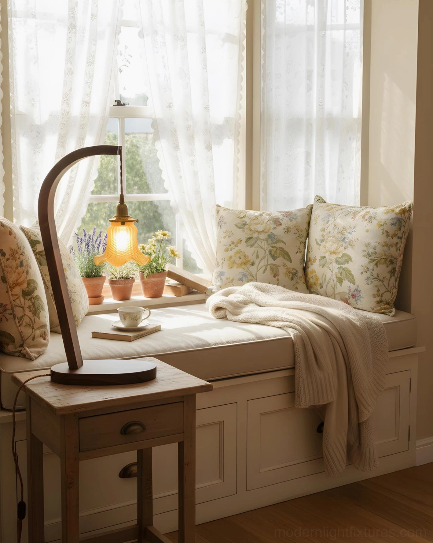 Curved walnut wood table lamp in sunlit window seat cozy reading nook with potted herbs