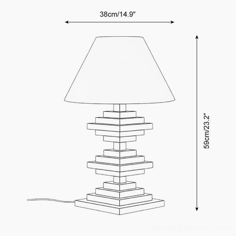 Wooden tower table lamp technical dimension drawing showing 38cm width x 59cm height specifications for modern table lamps