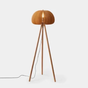 Modern wooden tripod floor lamp with slatted dome shade in natural wood finish, studio front view