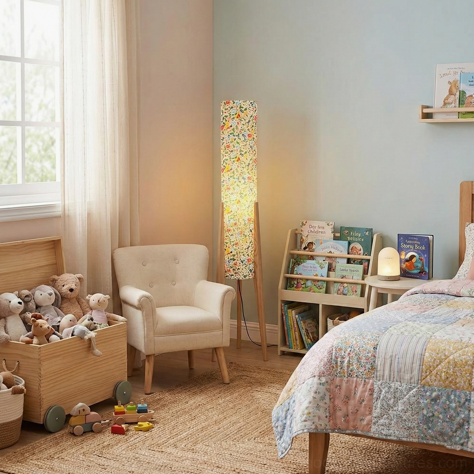 Light wooden tripod floor lamp with glowing floral shade in cozy bedroom reading corner, soft warm illumination