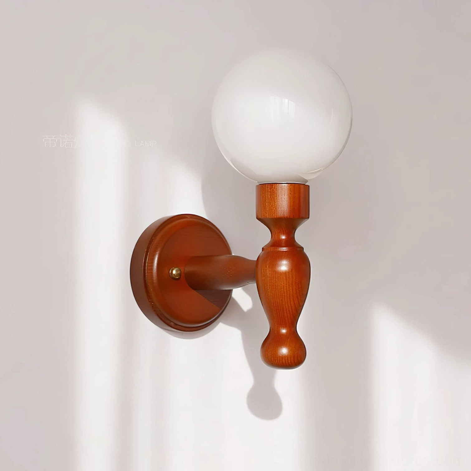 Artisan wooden wall lamp, unique fabric shade pattern showcase