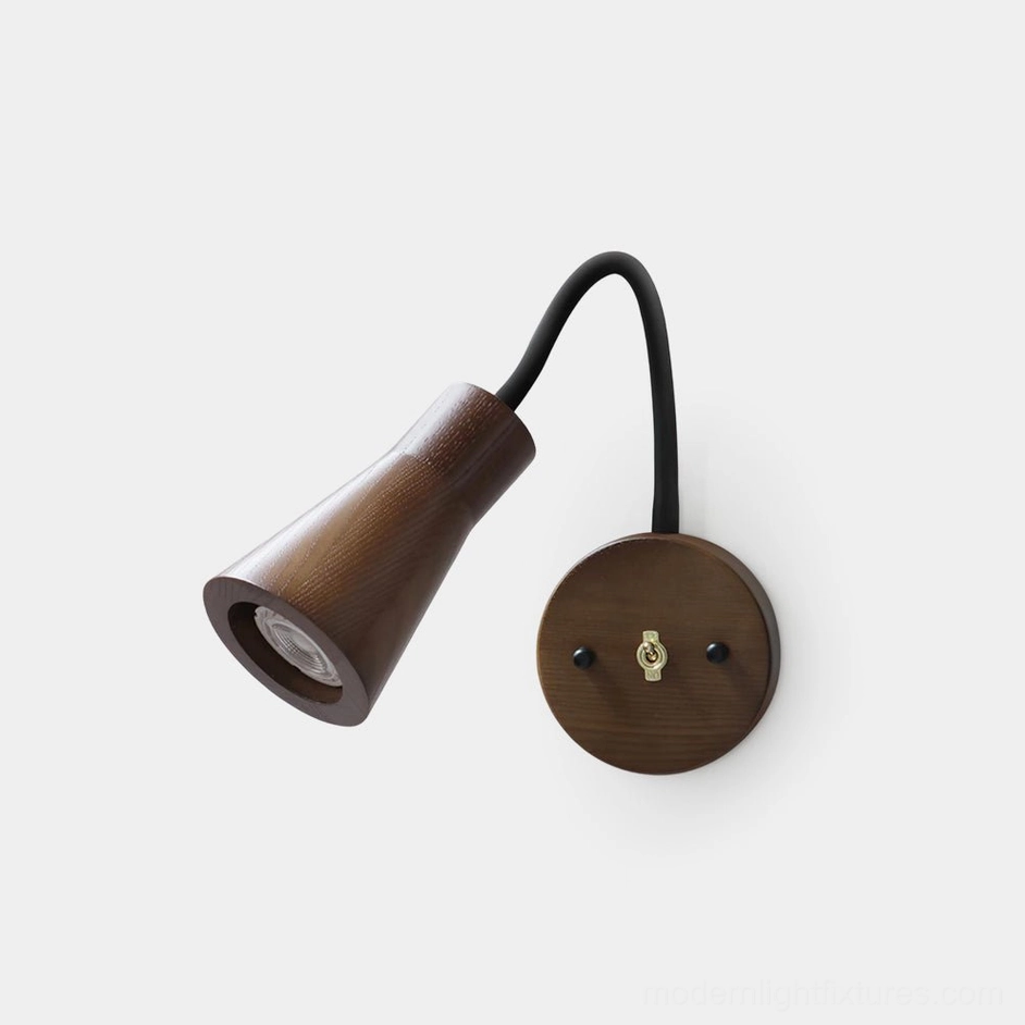 Modern wooden wall sconce with adjustable gooseneck arm in dark wood finish, frontal view on white background