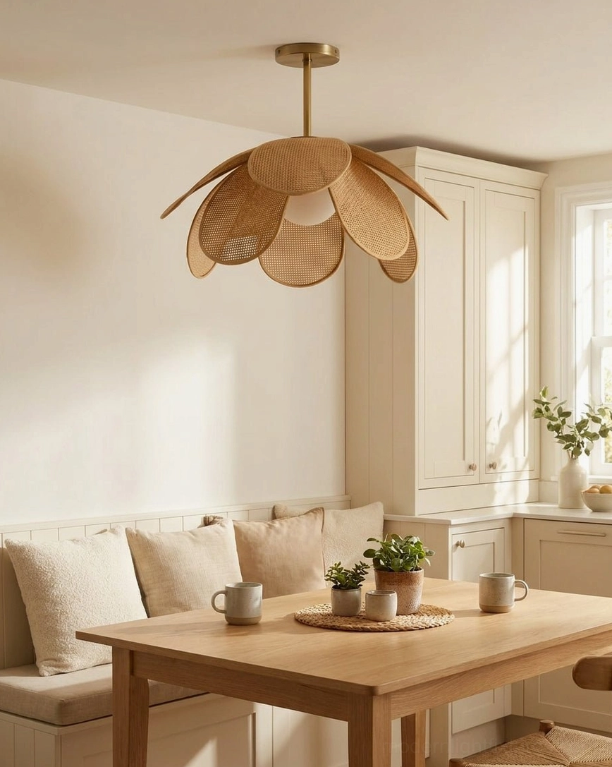 Rafflora handwoven rattan flush mount in dining nook with bench seating, creating warm welcoming light and organic shadow play in cozy interior space