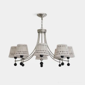 3-Head Woven Cotton Chandelier with Brushed Nickel Frame and Black Spherical Accents - Front View