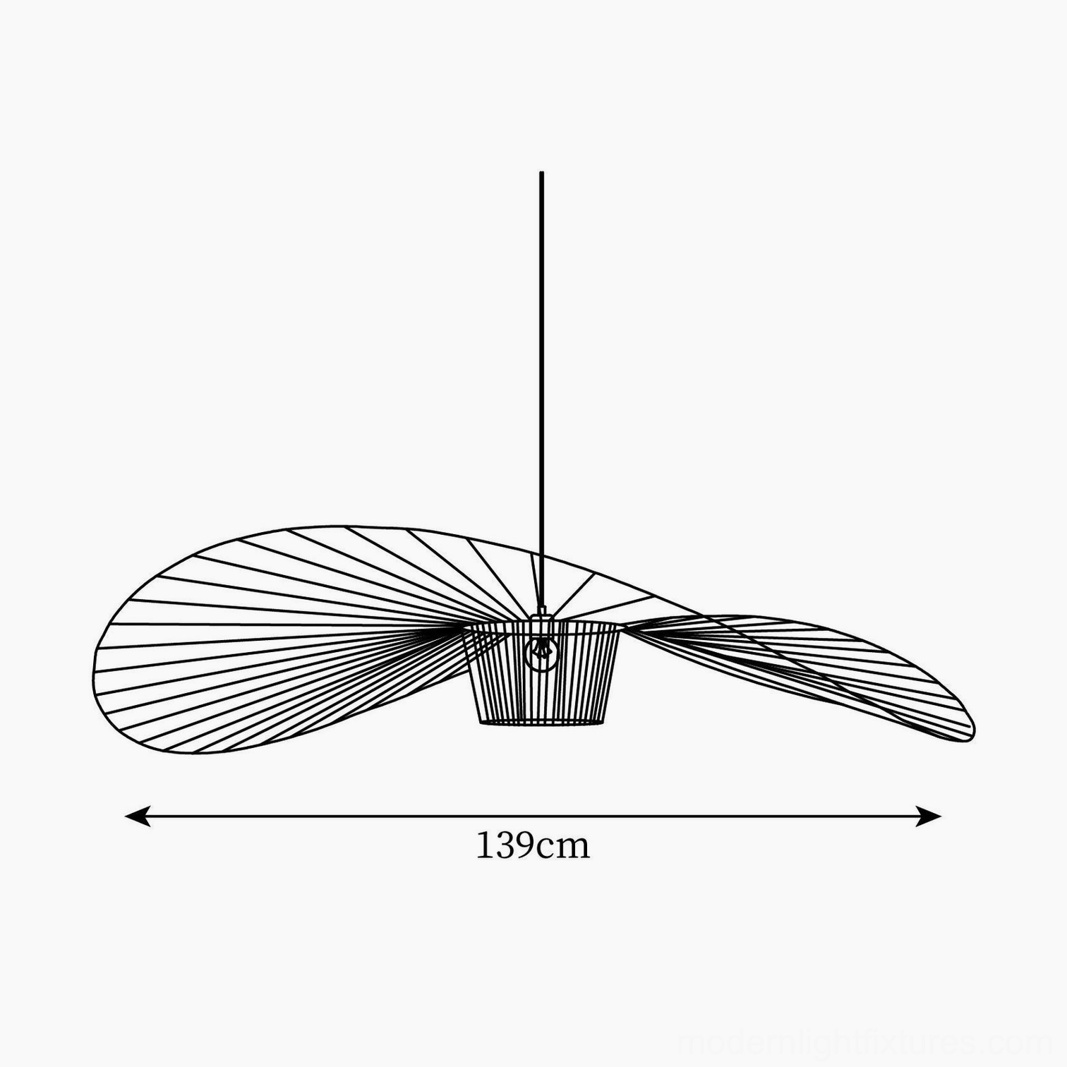 139 cm diameter woven fiber glass pendant lamp schematic dimension demonstration