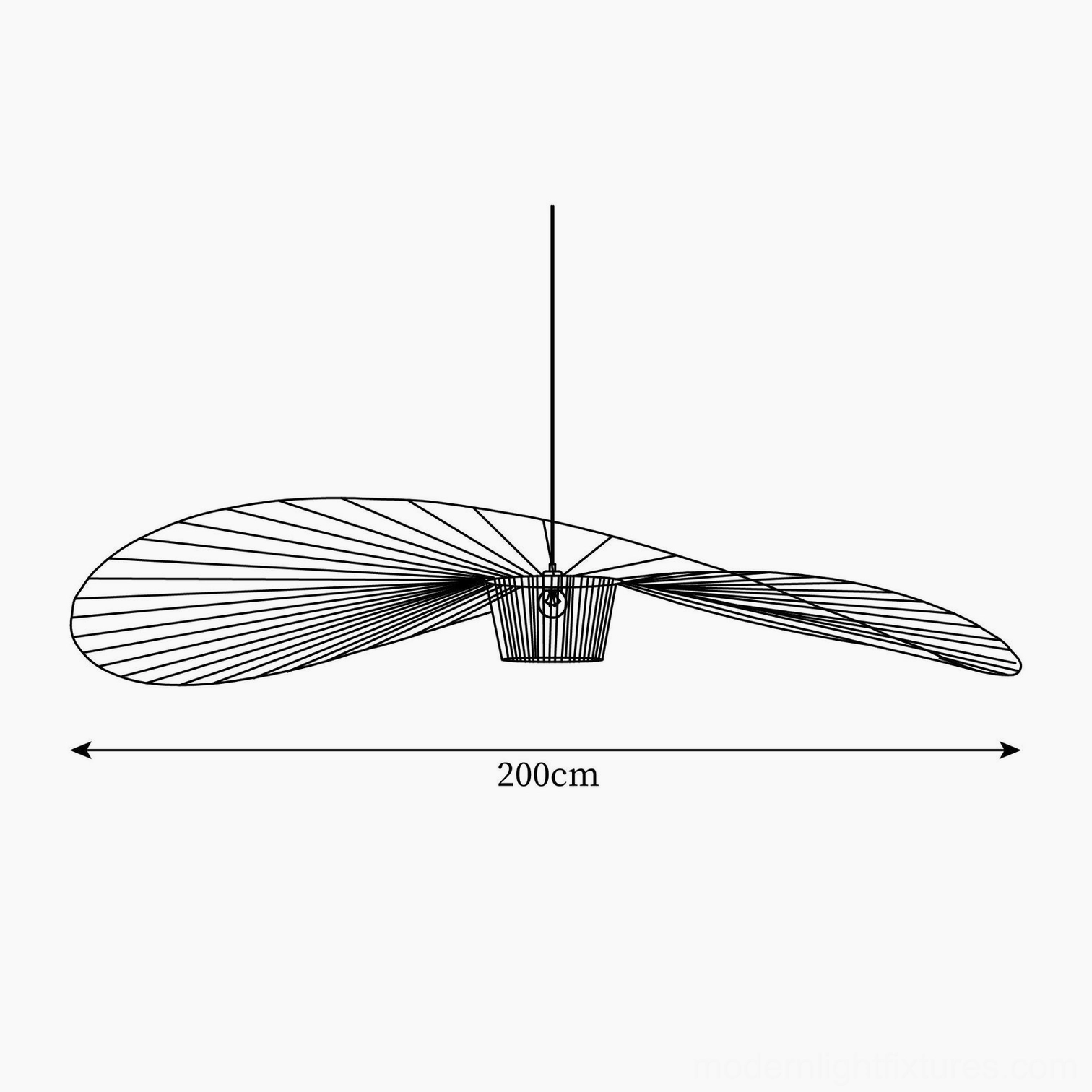 200 cm diameter woven fiber glass pendant lamp schematic dimension demonstration