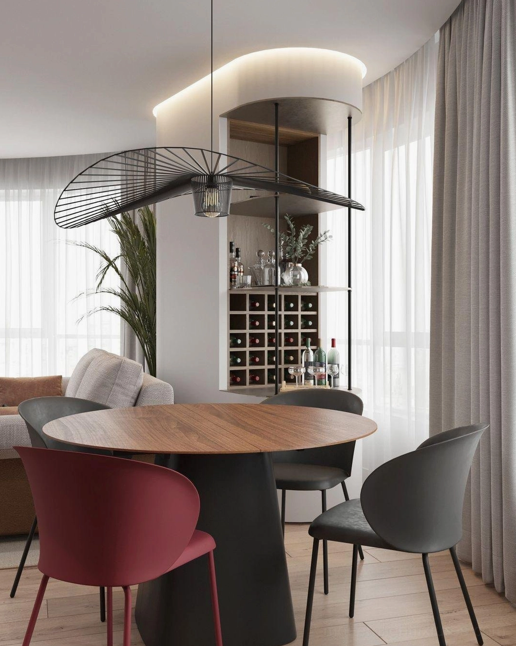 Woven fiber glass pendant lamp installed in North American certified modern residential space