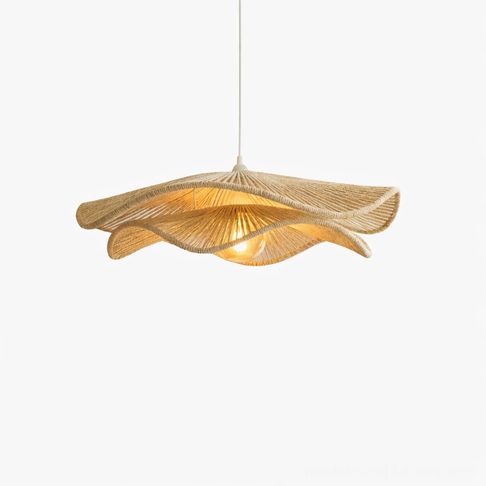 Woven hemp rope pendant light fixture with wave-shaped sculptural form, handcrafted artisanal design for boho and contemporary interiors