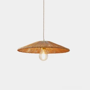 Woven hemp rope pendant light with fan-like structure, frontal studio view on white background