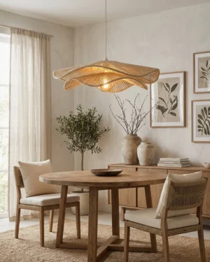 Contemporary woven hemp pendant light installed above dining table, warm ambient glow through handwoven natural fiber shade, modern lighting