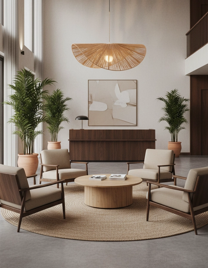 Minimalist wabi-sabi style brown woven rope straw hat pendant light in large residential living lounge