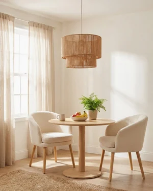 Caluna jute pendant light suspended over minimalist dining nook, eye-level view showing warm ambient glow through open weave
