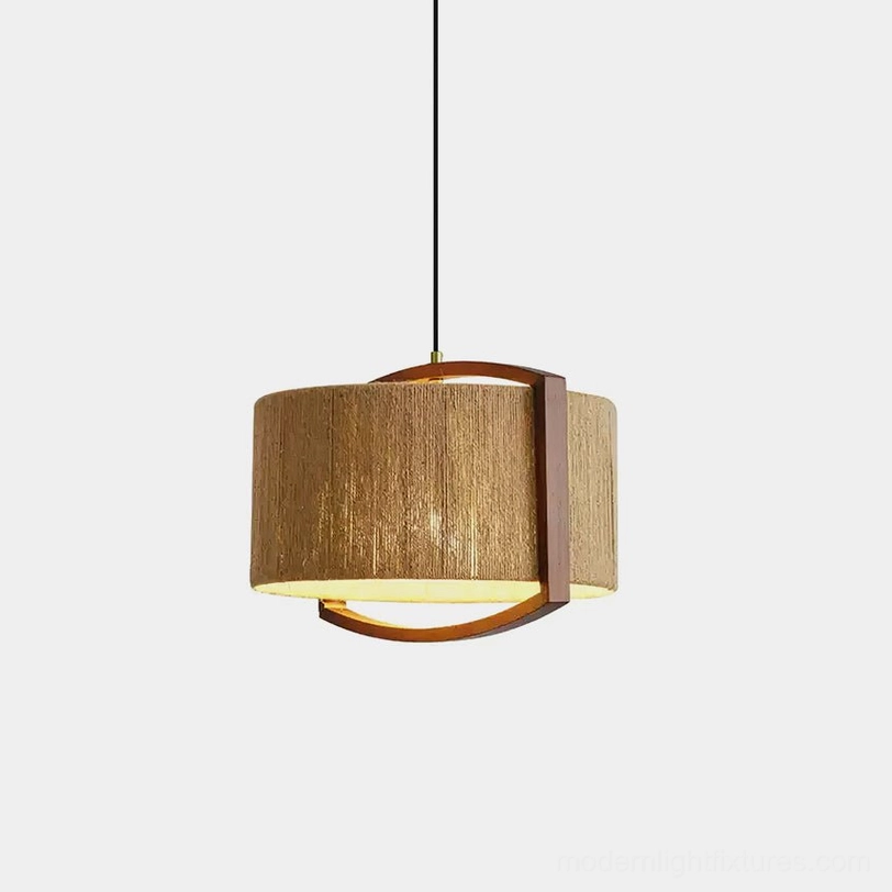 Modern woven jute pendant light with walnut wood frame, front view showing cylindrical cotton thread shade and warm ambient glow