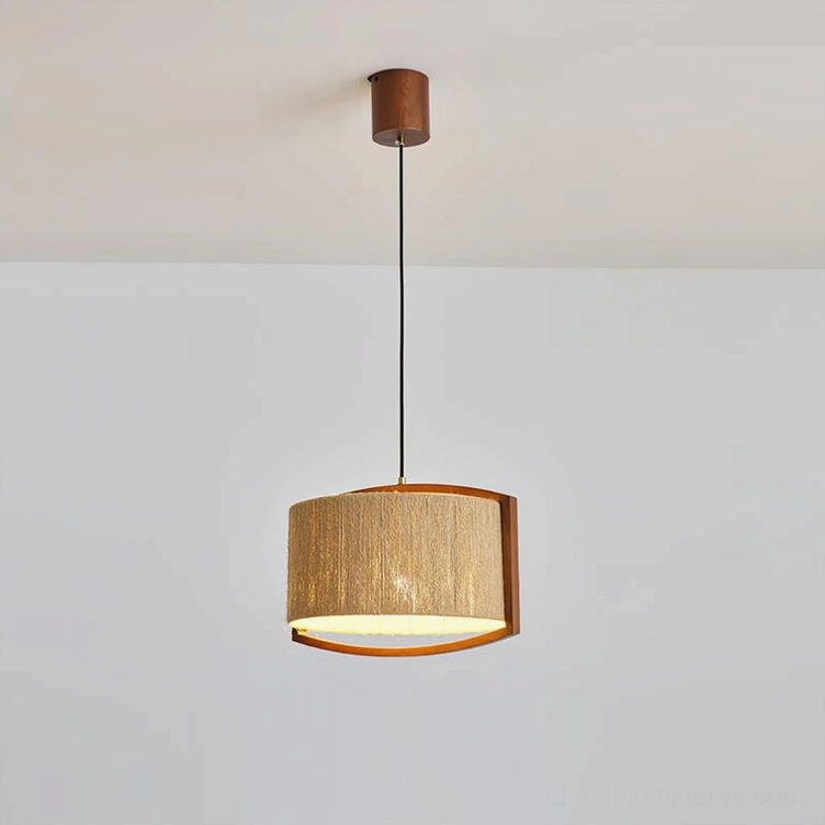 Handwoven cotton jute pendant lamp with walnut and light brown wood frame, flat front product view