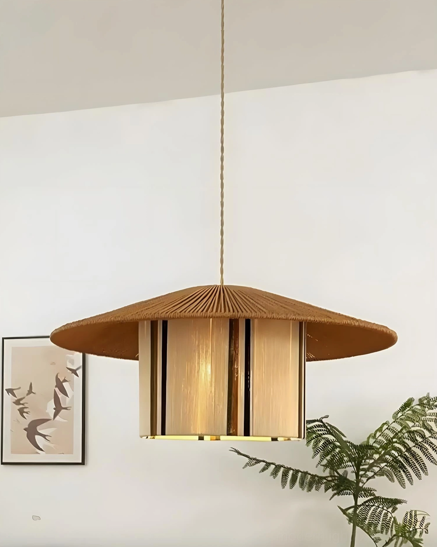 Natural fiber pendant light side angle view showing woven texture detail and cylindrical core resembling aged parchment