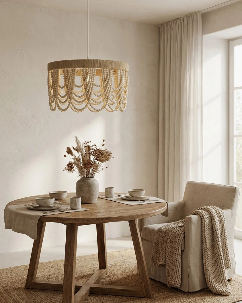 Natural woven pendant light with cascading wooden beads above small wooden dining table in sunlit farmhouse dining corner