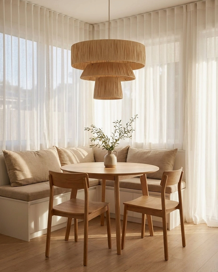 Bravina woven raffia pendant light hanging in warm dining and lounge space with neutral decor and wooden furniture