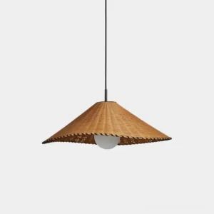 Woven rattan cone pendant light with natural brown textured shade and black metal frame, frontal studio view