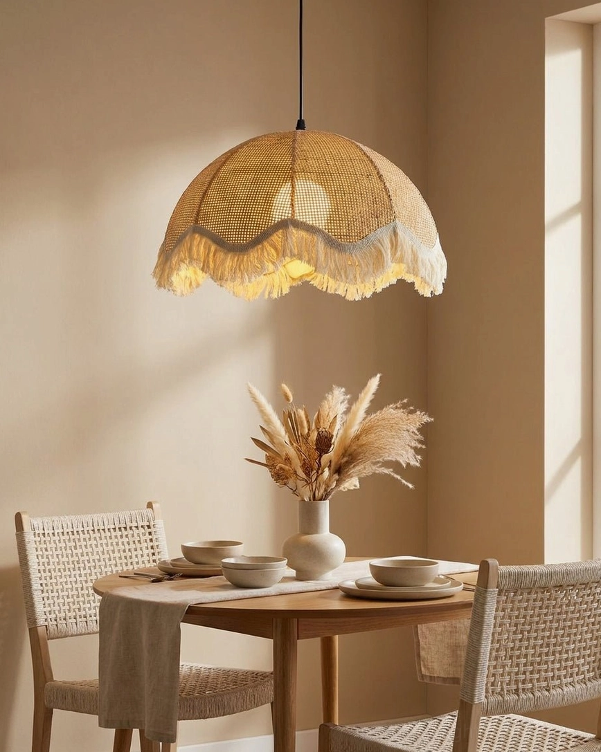 Woven rattan dome pendant with scalloped fringe trim shown in casual dining corner, left-side view of pendant light