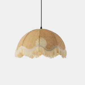 Woven rattan fringe pendant light with scalloped cotton hem, natural beige dome shade on white background, boho pendant light design