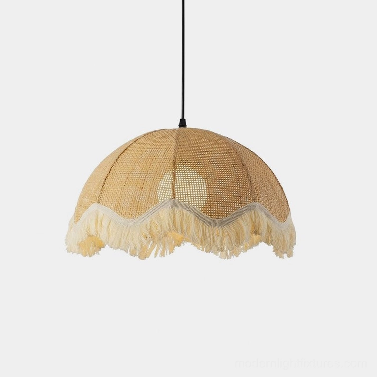 Woven rattan fringe pendant light with scalloped cotton hem, natural beige dome shade on white background, boho pendant light design