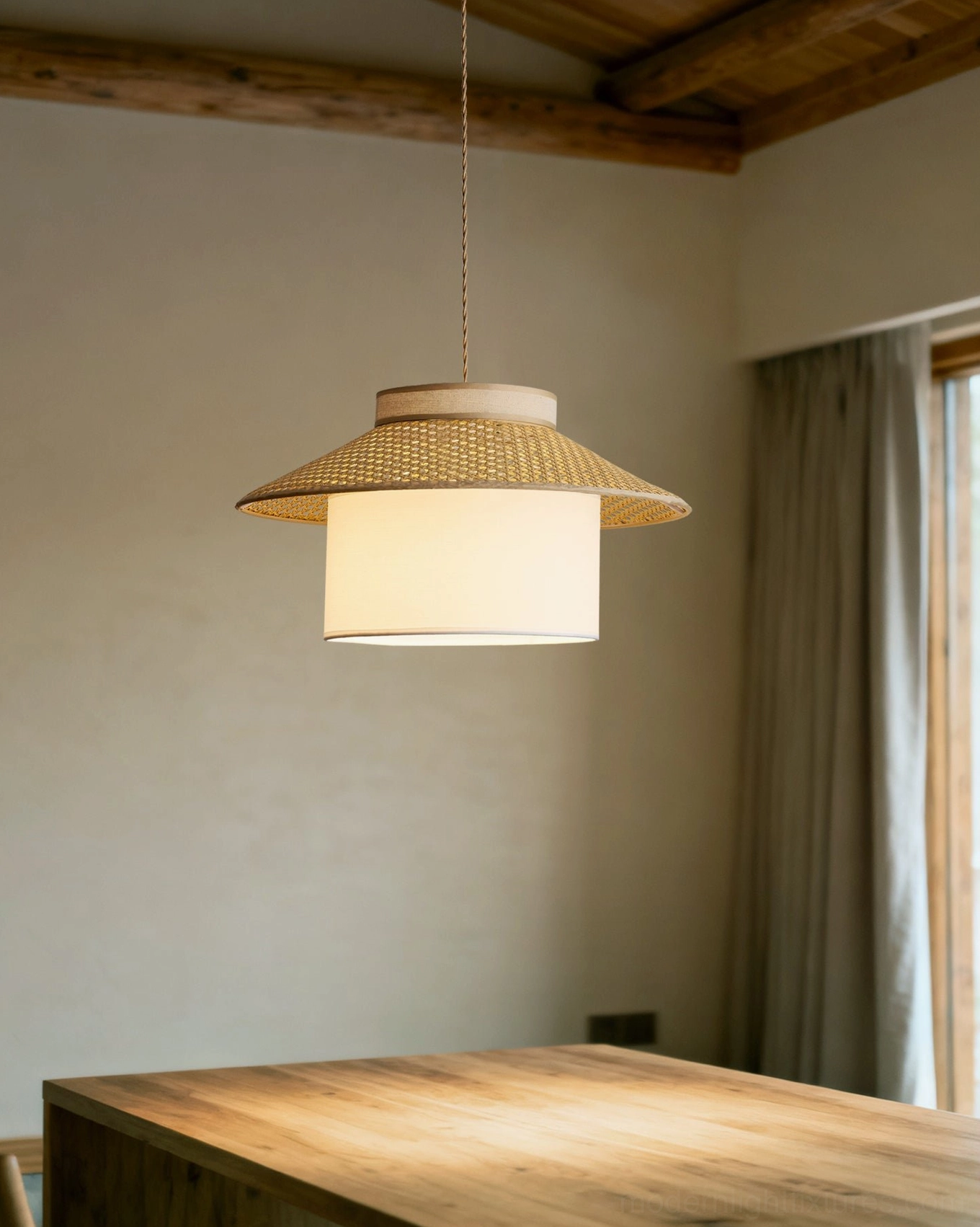 Woven rattan hanging lamp side view in rustic dining area with wooden beam ceiling, neutral warm home decor