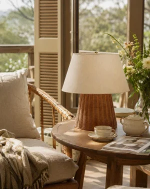 Briora hand-woven rattan table lamp on wooden lounge furniture, eye-level perspective - warm ambient lighting in coastal boho interior design
