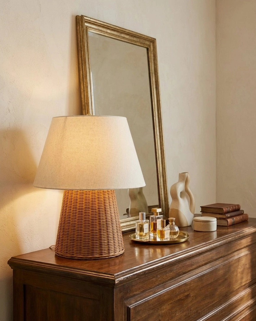 Hand-woven rattan table lamp on wooden dresser with vanity mirror - natural fiber lamp for farmhouse rustic bedroom decor