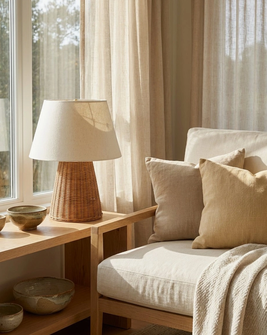 Briora woven rattan table lamp LED bulb socket detail - E27 medium screw base with warm white 3000K bulb included