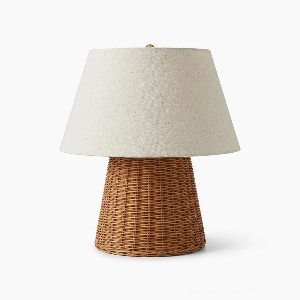 Woven rattan table lamp available with US EU UK AU plug options - cream linen shade modern coastal boho bedside accent light