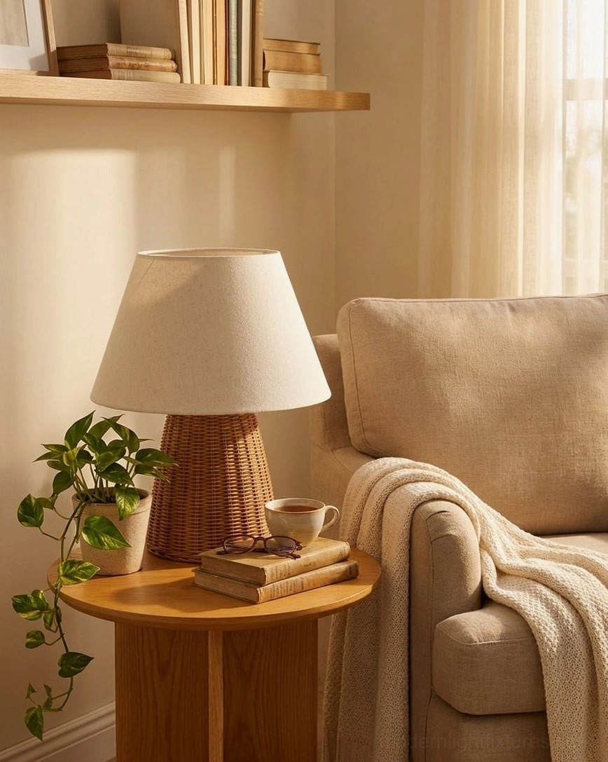 Woven rattan table lamp in cozy reading nook with throw blanket and potted plants - boho ambient lamp for relaxing interior spaces
