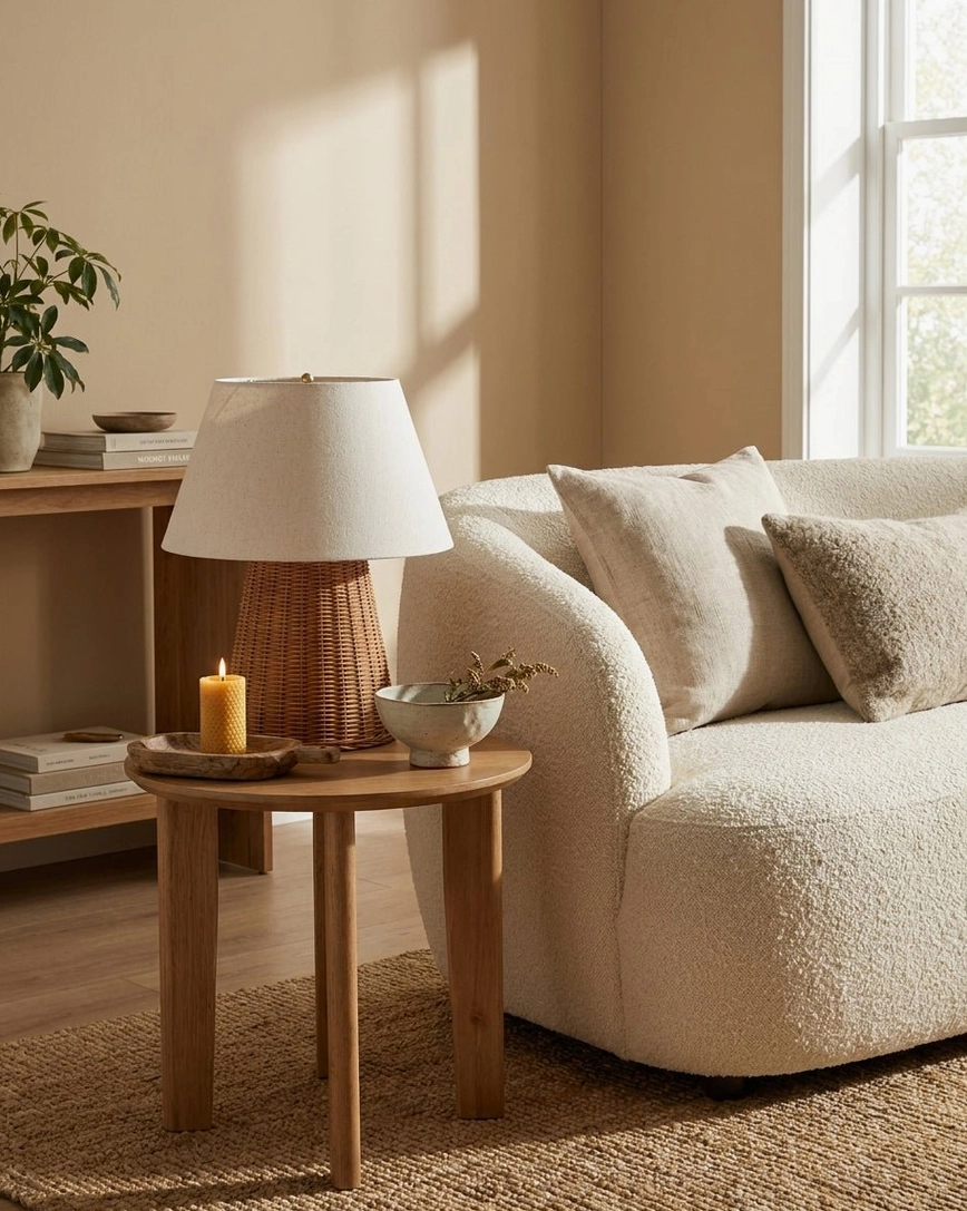 Woven rattan accent lamp on living room side table with green plants - natural material lamp for cozy casual home design aesthetic