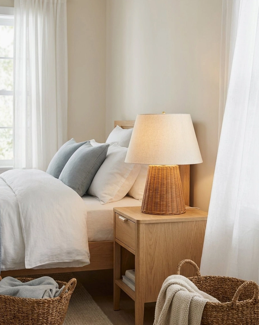 Woven rattan table lamp on bedroom nightstand with warm white light - modern coastal lamp for bedroom ambient lighting and reading