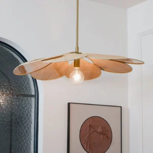 Natural woven rattan pendant lamp with exposed bulb and gold metal frame, residential interior