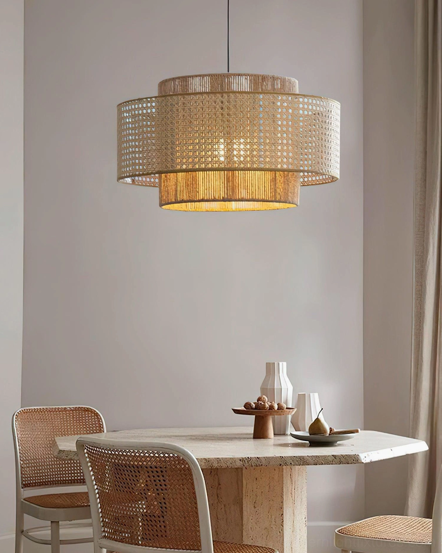 Woven rattan pendant lamp in minimalist boho dining space with rattan dining chairs, eye-level view of natural weaving patterns
