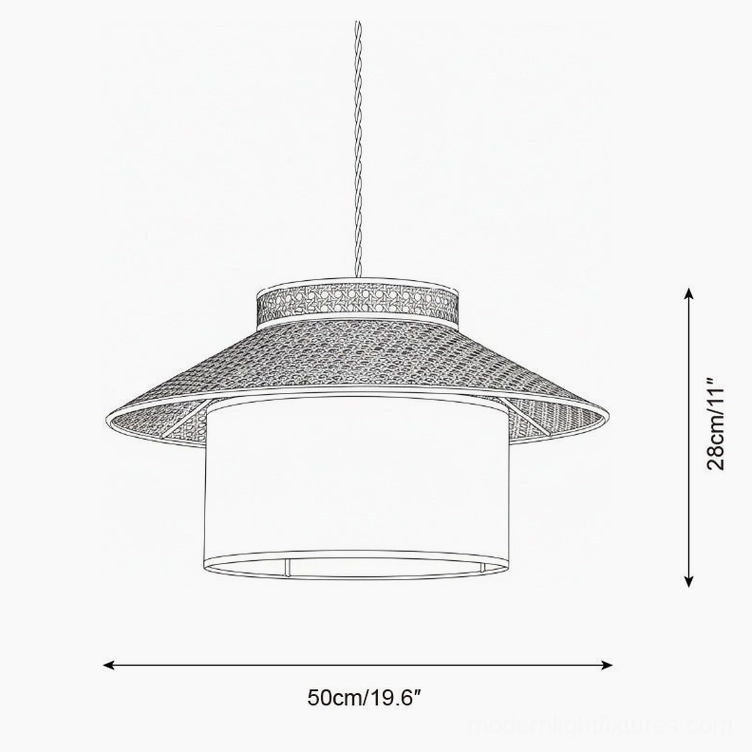 Woven rattan pendant lamp technical line drawing orthographic view medium size 50cm diameter 28cm height