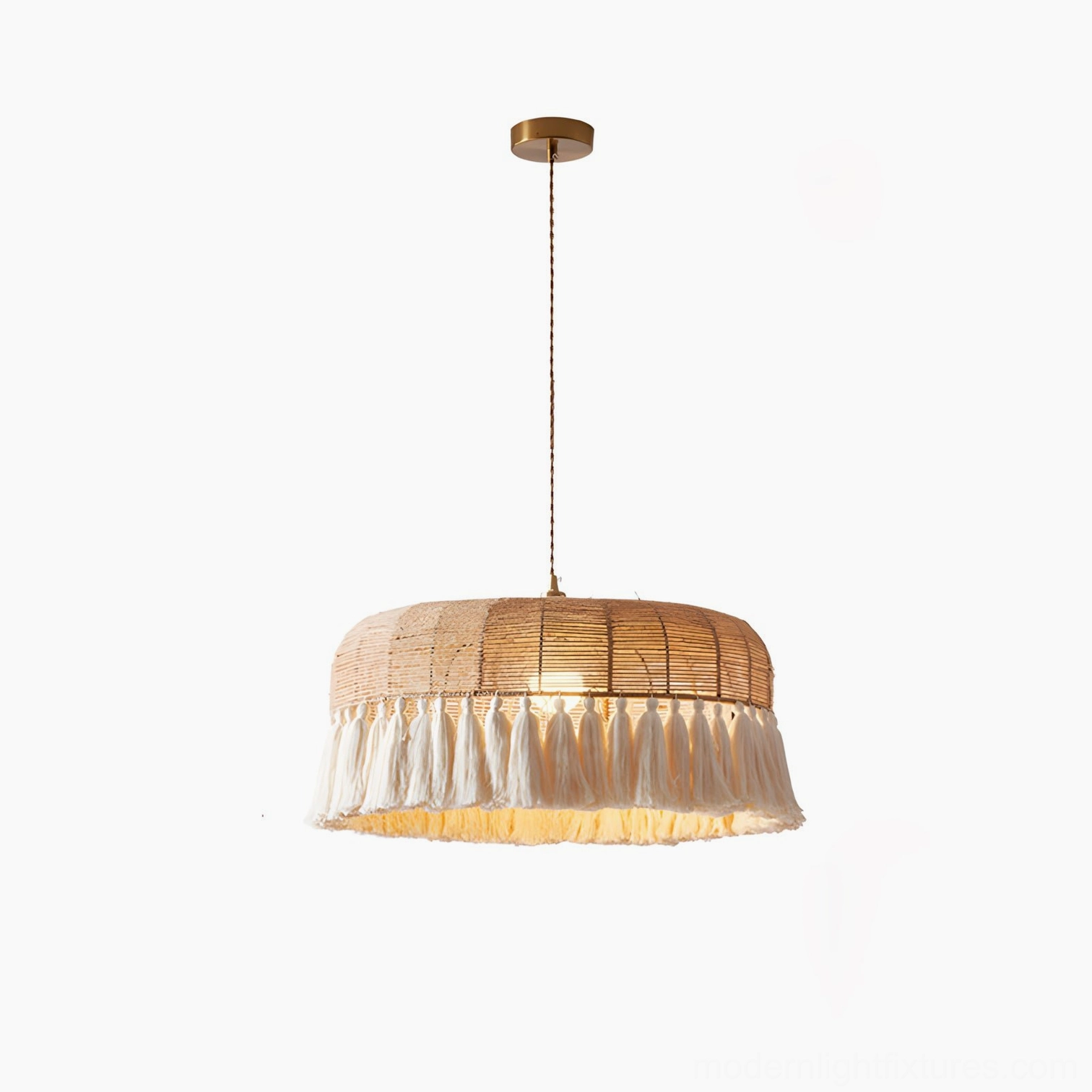Woven rattan pendant light fixture detail showing intricate hemp rope pattern and ceiling mount hardware