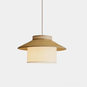 Woven rattan pendant light with natural rattan exterior and off-white fabric lining, hat-shaped design, front view on white background