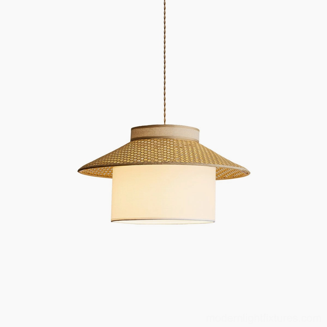 Woven rattan pendant light showcasing texture and light diffusion through fabric lining, minimalist boho aesthetic